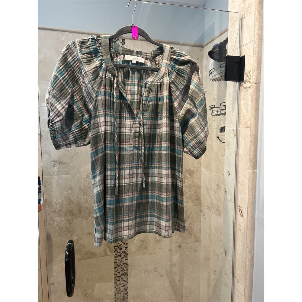 Ann Taylor LOFT Women Green Plaid Short Sleeve Peasant Blouse M Boho Tunic